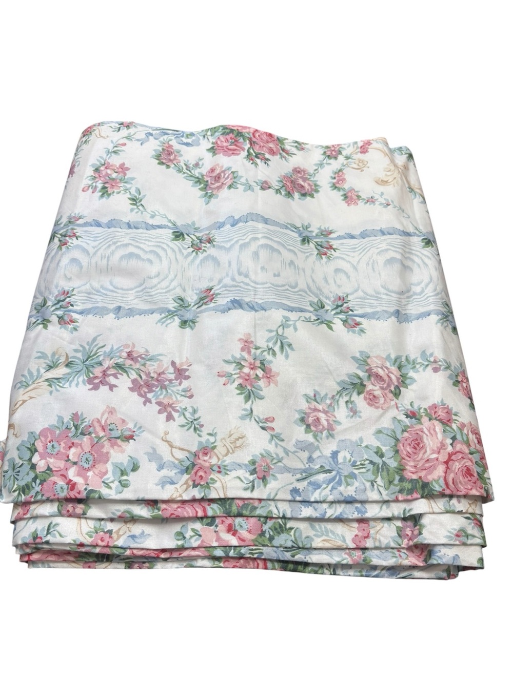 Vintage 80s Cotton Fabric 6 yards Blue Pink Floral Ribbon Cottagecore